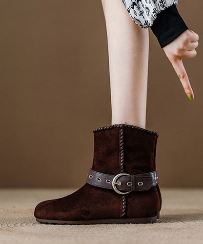 Khaki Suede Buckle Strap Splicing Boots