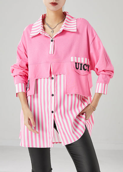 Art Pink Oversized Patchwork Striped Cotton Sweatshirts Top Fall