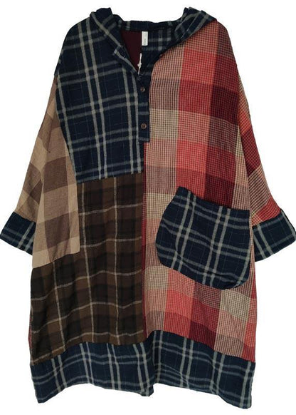 Plaid Patchwork Hooded Cotton Linen Holiday Dress Summer