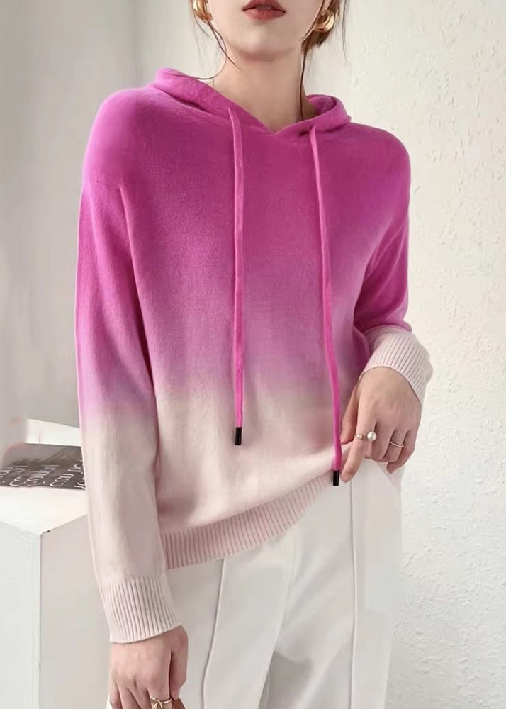 New Orange Gradient Color Hooded Patchwork Wool Knit Sweaters Fall