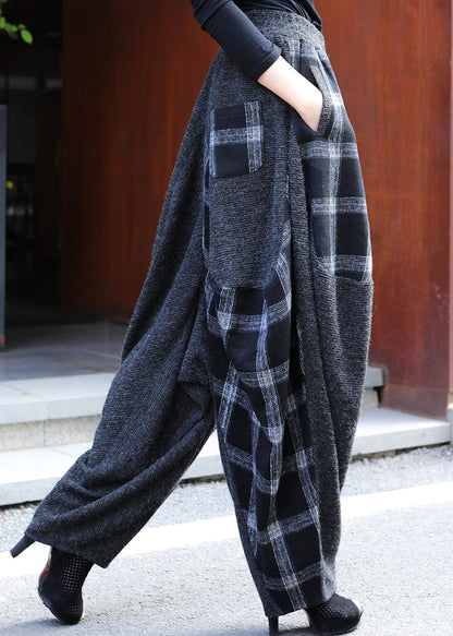 Plaid Patchwork Elastic Waist Lantern Pants Fall