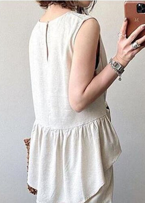 Beige Asymmetrical Design Slim Fit Cotton Tops Sleeveless