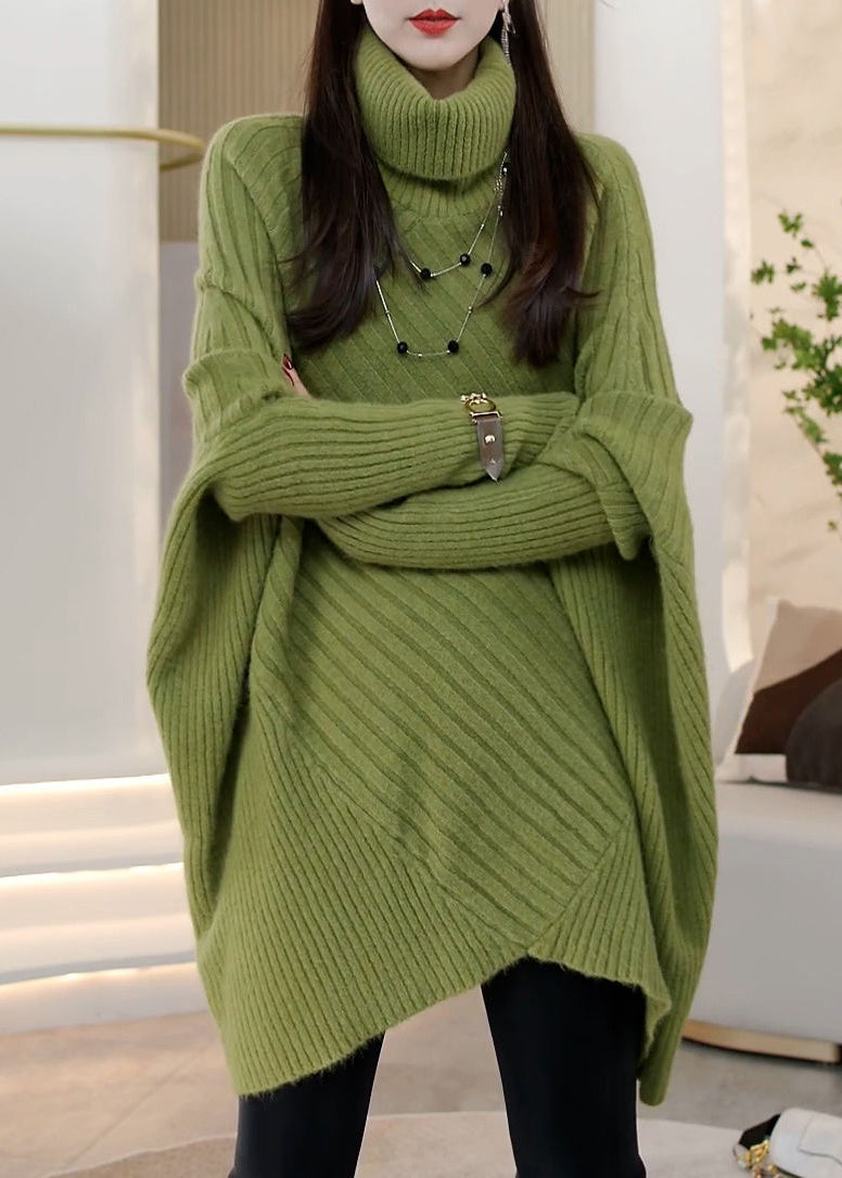 Green Hign Neck Asymmetrical Patchwork Knit Pullover Batwing Sleeve