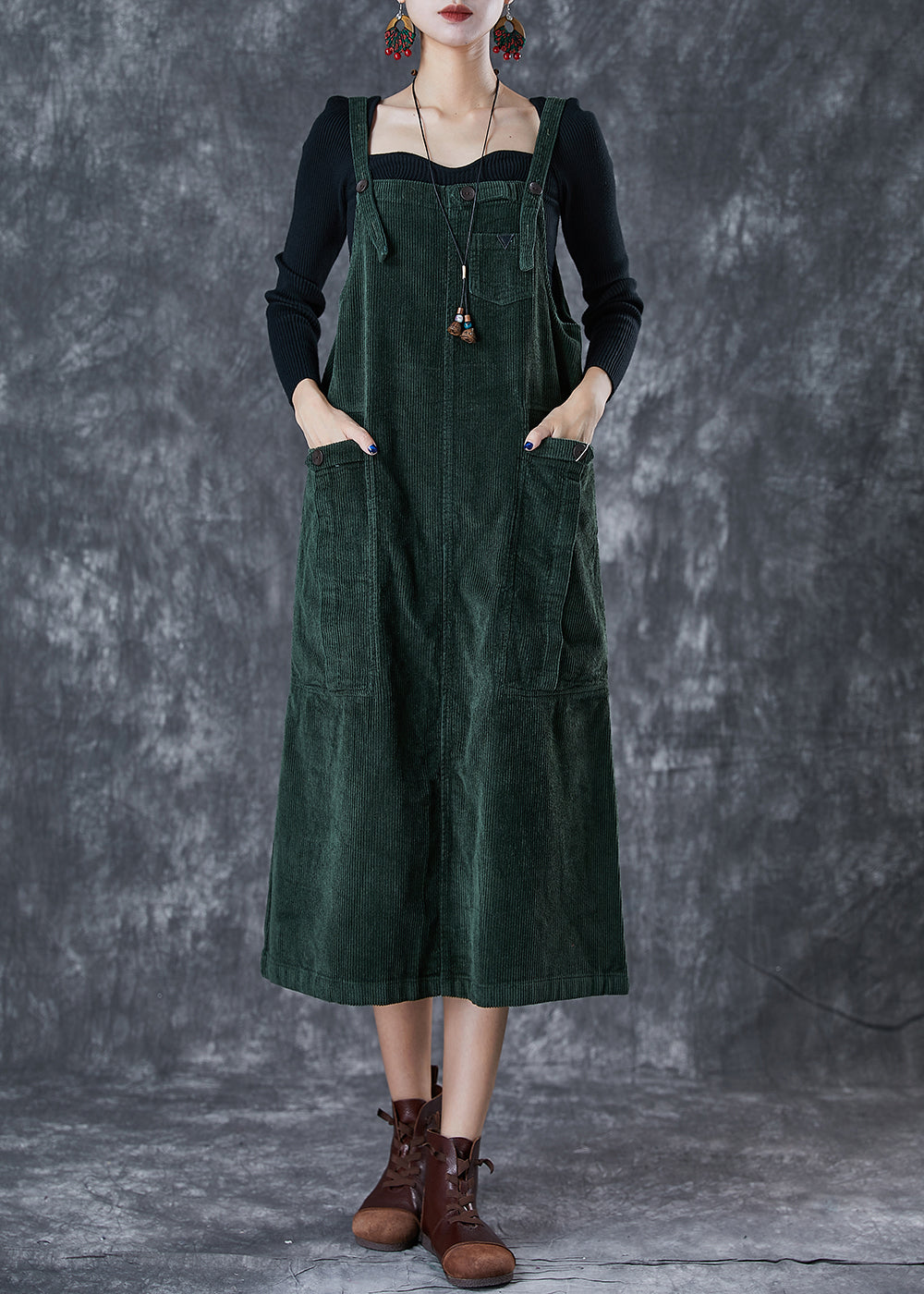 Blackish Green Oversized Pockets Corduroy Strap Dress Fall