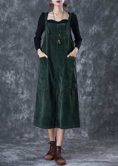 Blackish Green Oversized Pockets Corduroy Strap Dress Fall