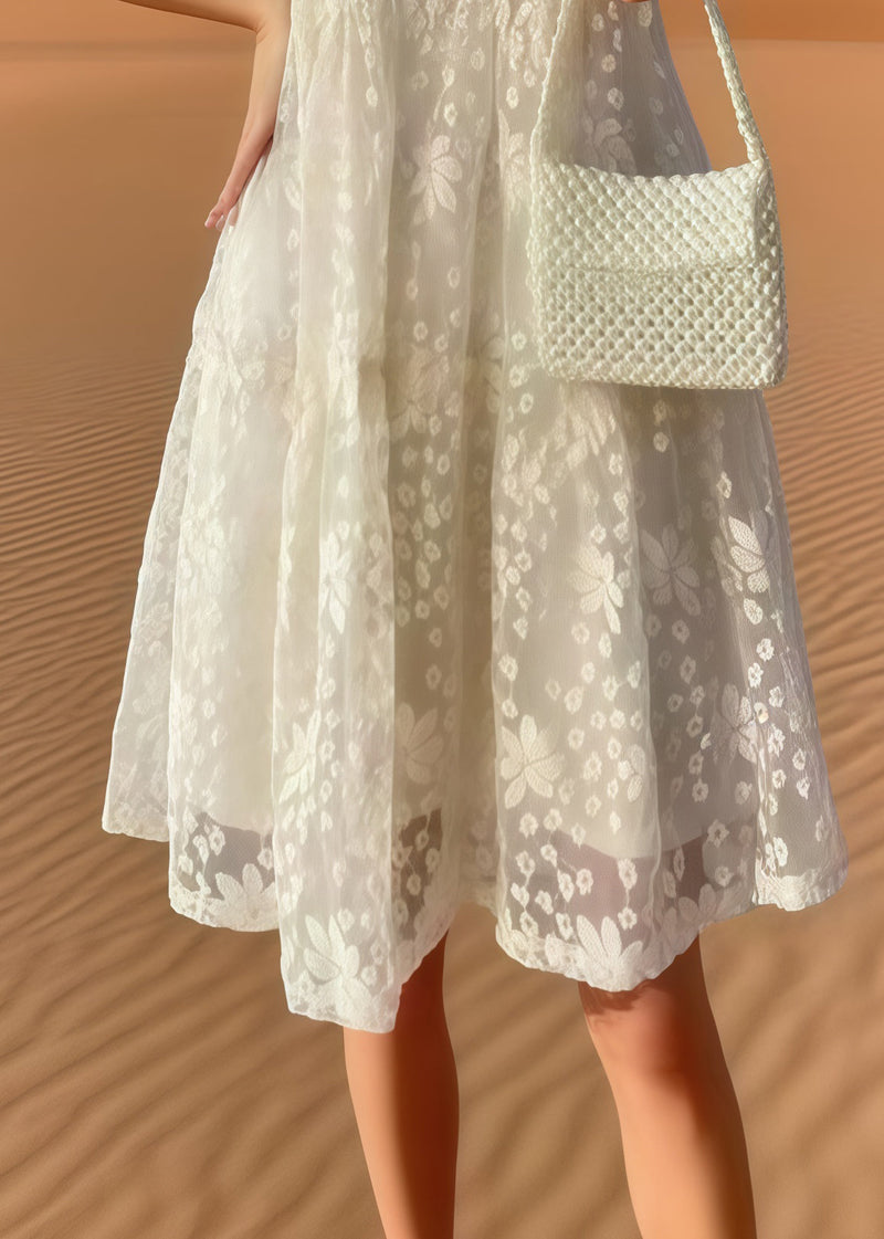 Beige Embroidered Tulle Holiday Dress Summer
