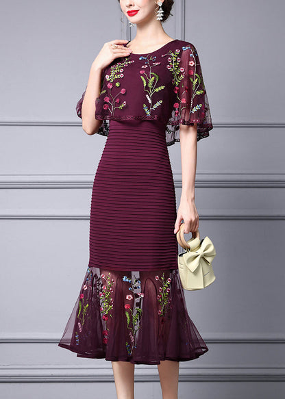 Mulberry Embroidered Cape Style Party Dress Summer