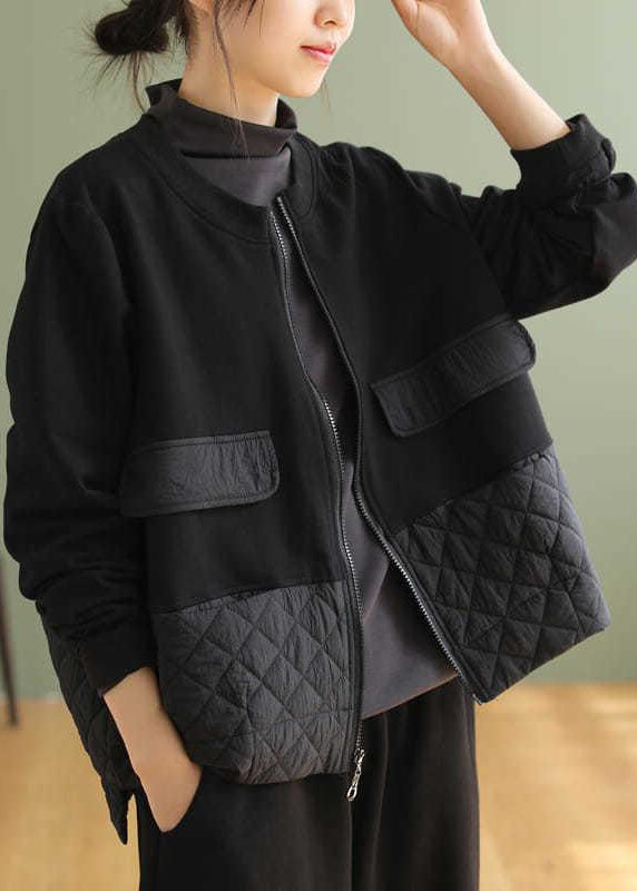 Black Zip Up Patchwork Warm Fleece Jacket Spring
