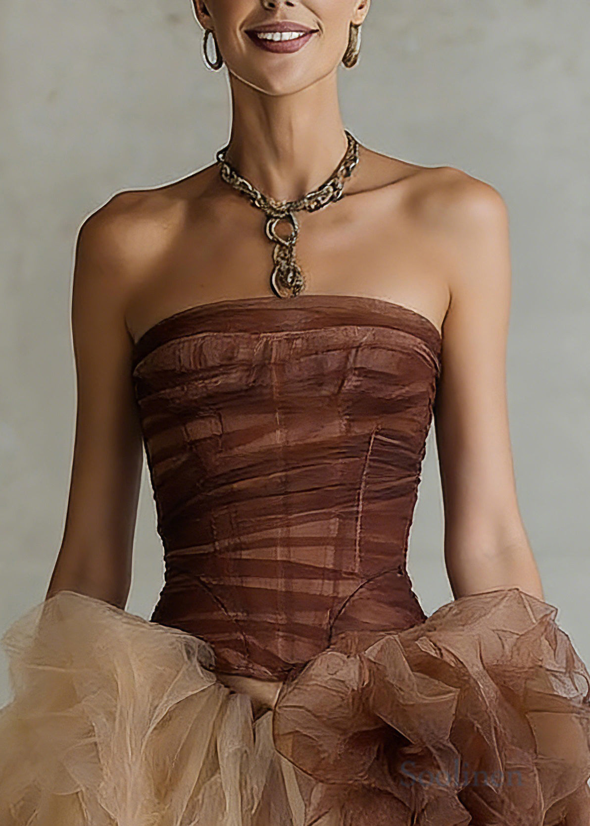 Brown Cold Shoulder Tulle Patchwork Top and Skirts Two Pieces Set Sleeveless