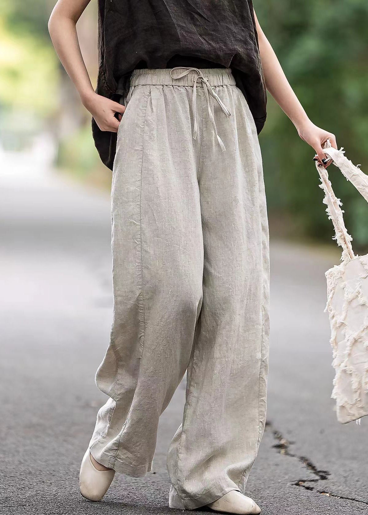 Pink Linen Summer Straight Pants Elastic Waist