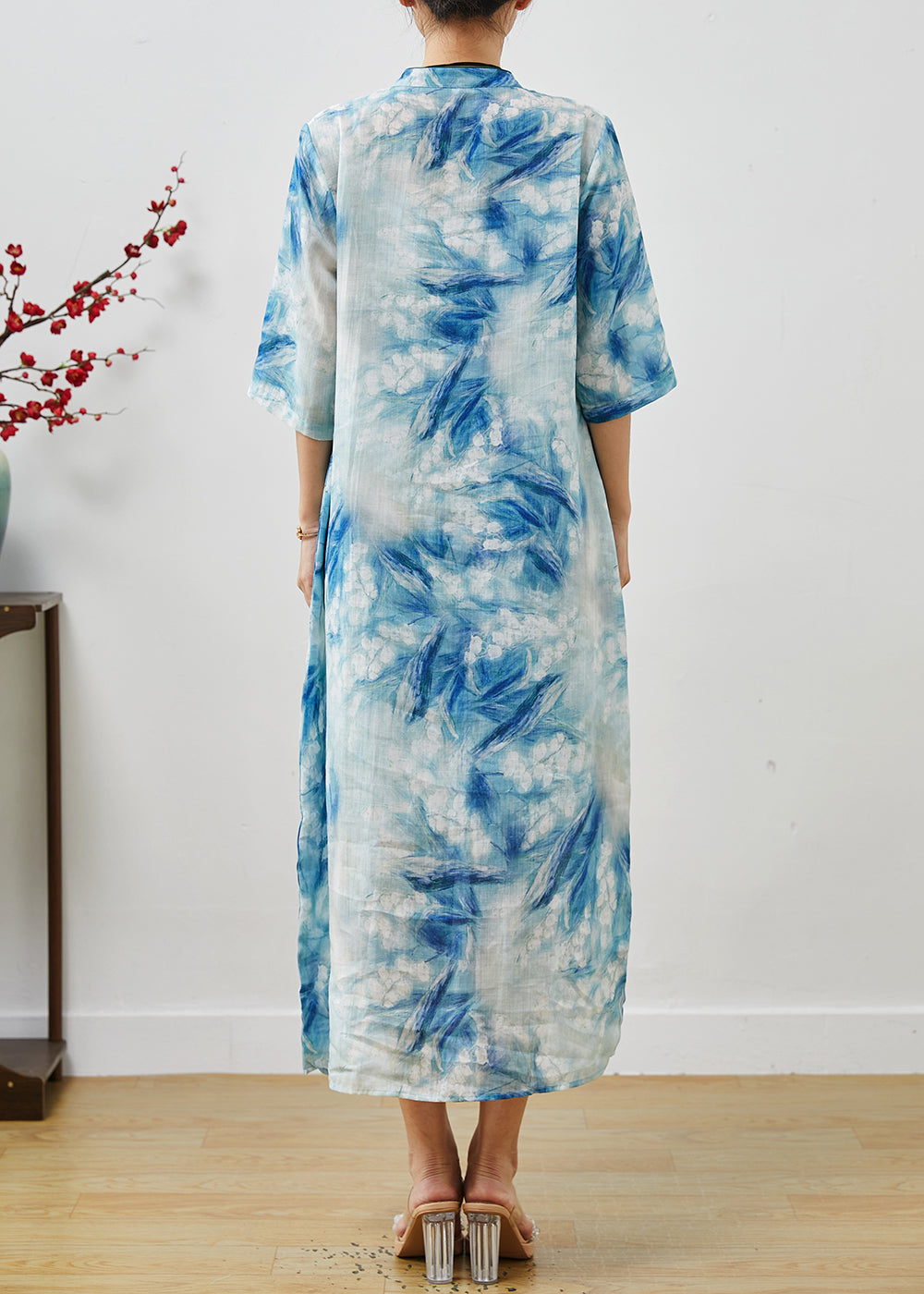 Blue Print Lace Up Linen Cheongsam Dresses Summer