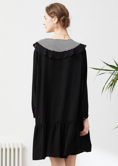 Style Black O-neck Patchwork Ruffles Chiffon Party Dress Spring