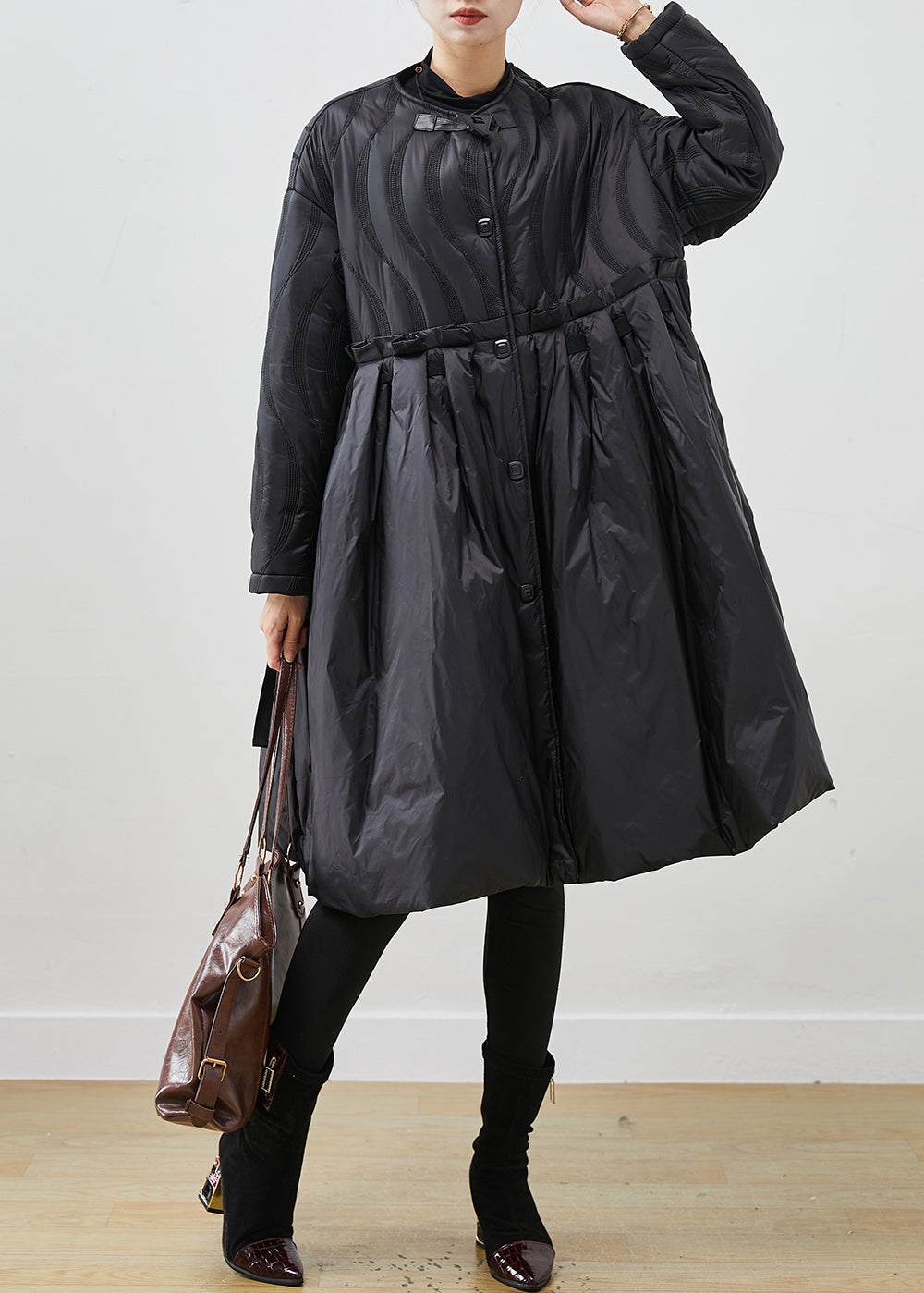 Boutique Black Ruffled Exra Large Hem Free Scarf Duck Down Puffers Jackets Winter