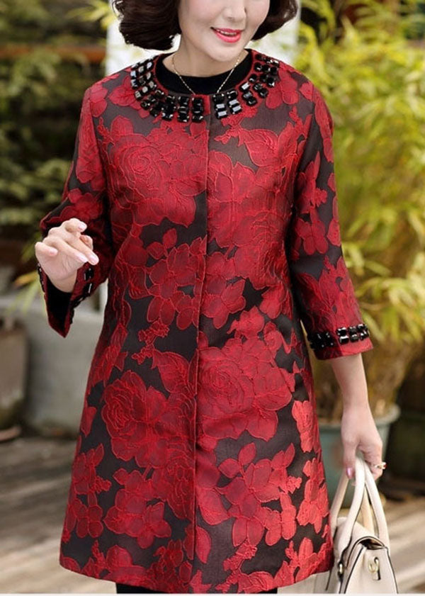 Red Jacquard Spandex Coat Outwear O-neck Bracelet Sleeve
