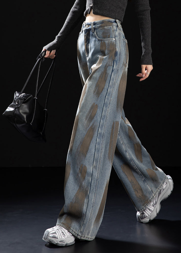 Navy Oversized Painting Warm Fleece Denim Pants Spring