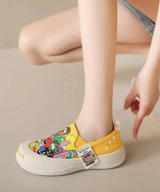 Beige Graffiti Platform Canvas Flat Shoes for