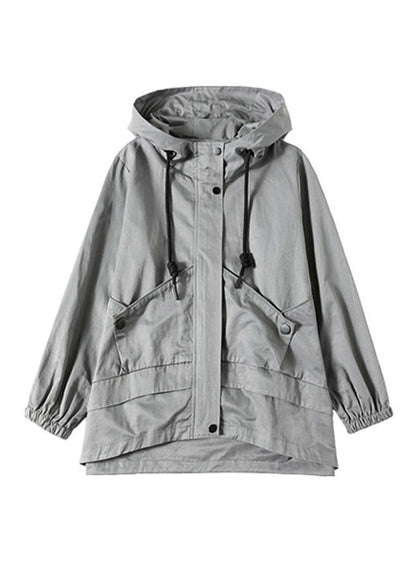 Gray Patchwork Zippered Button Pockets Cotton Hooded Coats Long Sleeve