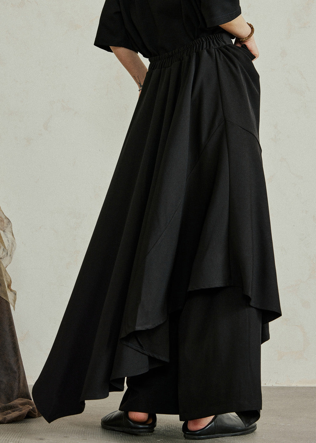 Black Asymmetrical Pockets Patchwork Elastic Waist Pants Skirt