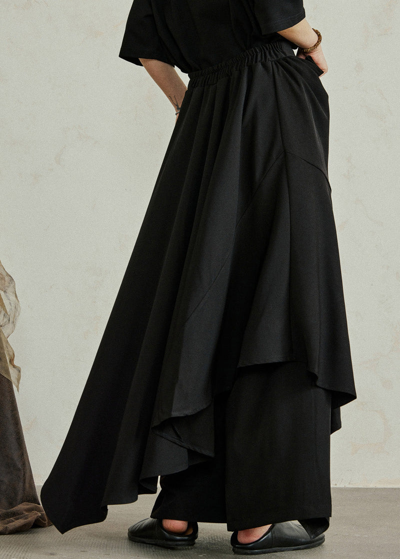 Black Asymmetrical Pockets Patchwork Elastic Waist Pants Skirt