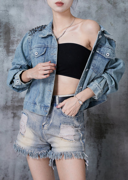 Blue Oversized Nail Bead Denim Jacket Fall