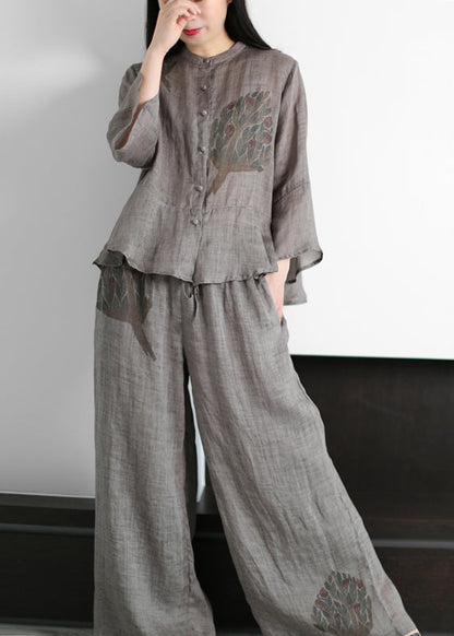 Grey Stand Collar Print Linen Tops and Wide Leg Pants Two Piece Outfit Flare Sleeve