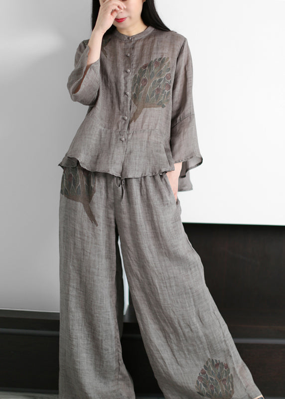 Grey Stand Collar Print Linen Tops and Wide Leg Pants Two Piece Outfit Flare Sleeve