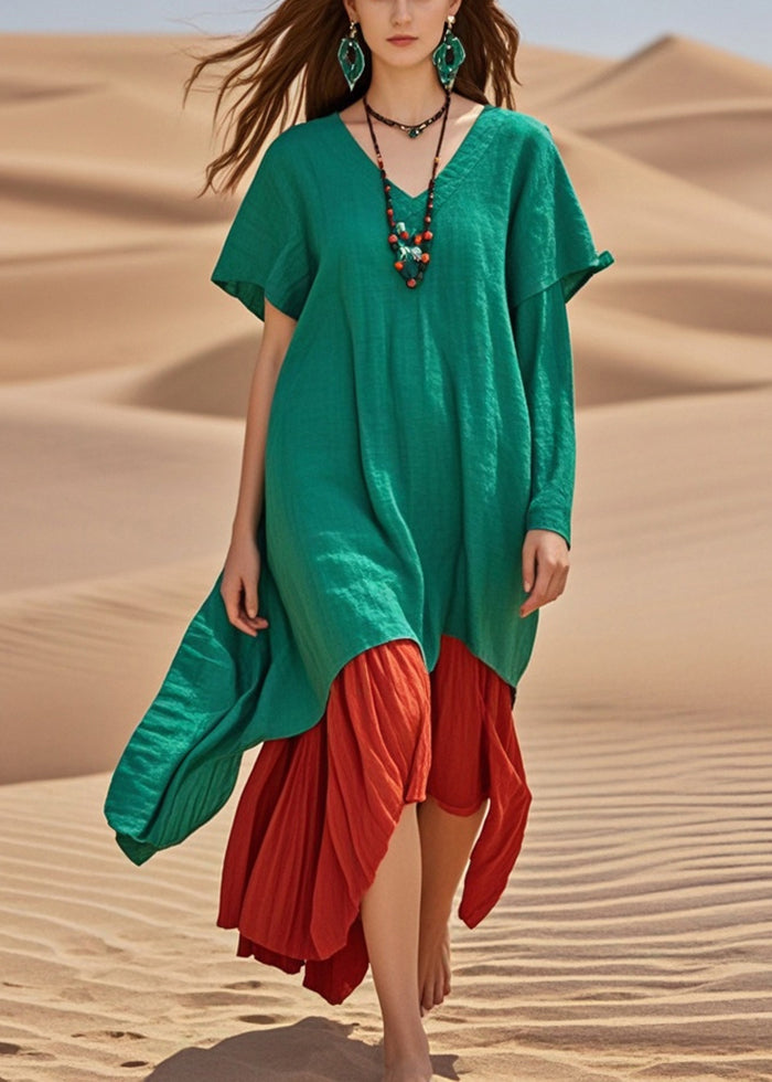 Green Oversized Patchwork Cotton Robe Dresses Summer