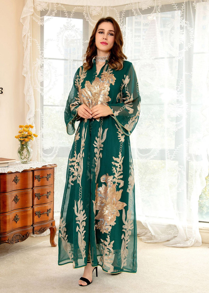 Green Embroideried Sequins Tulle Long Dress Fall
