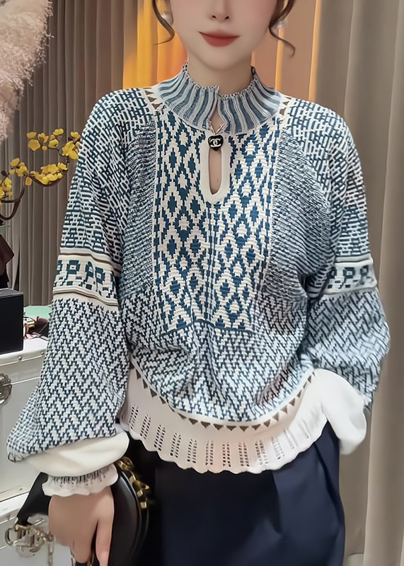 Blue Stand Collar Print Knit Sweater Fall