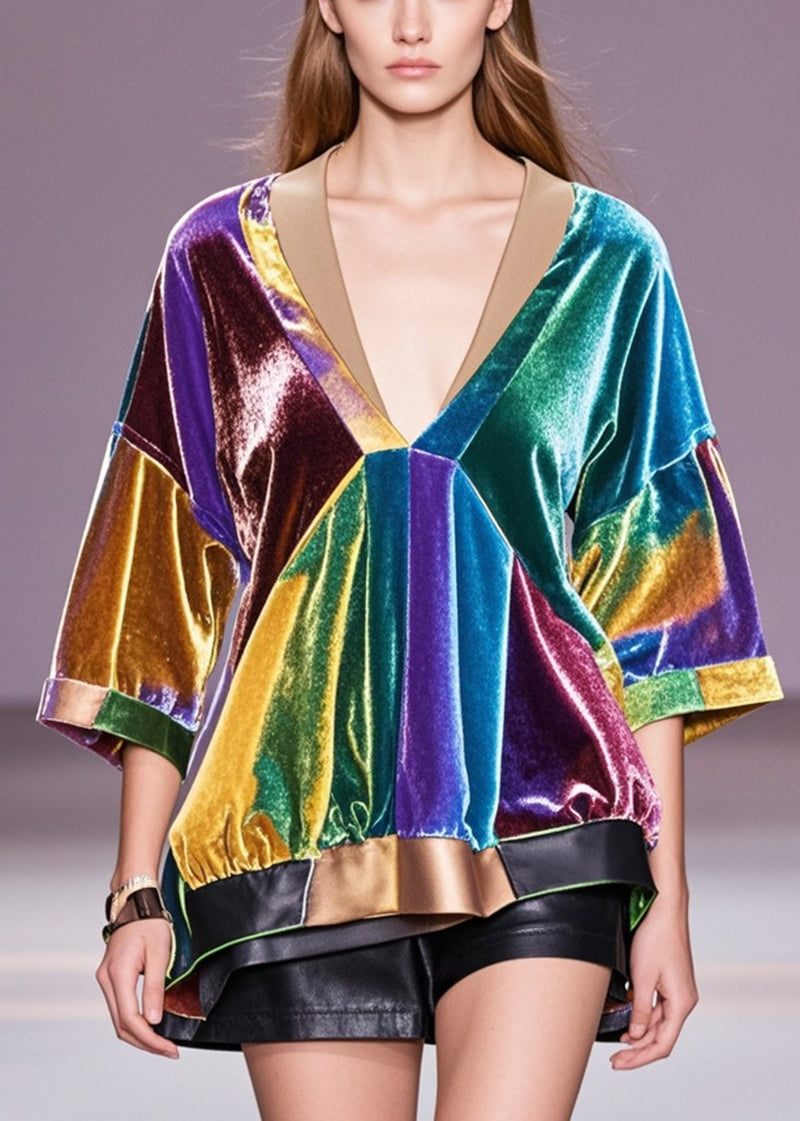 Multicolour V Neck Patchwork Silk Velour Blouse Tops Fall