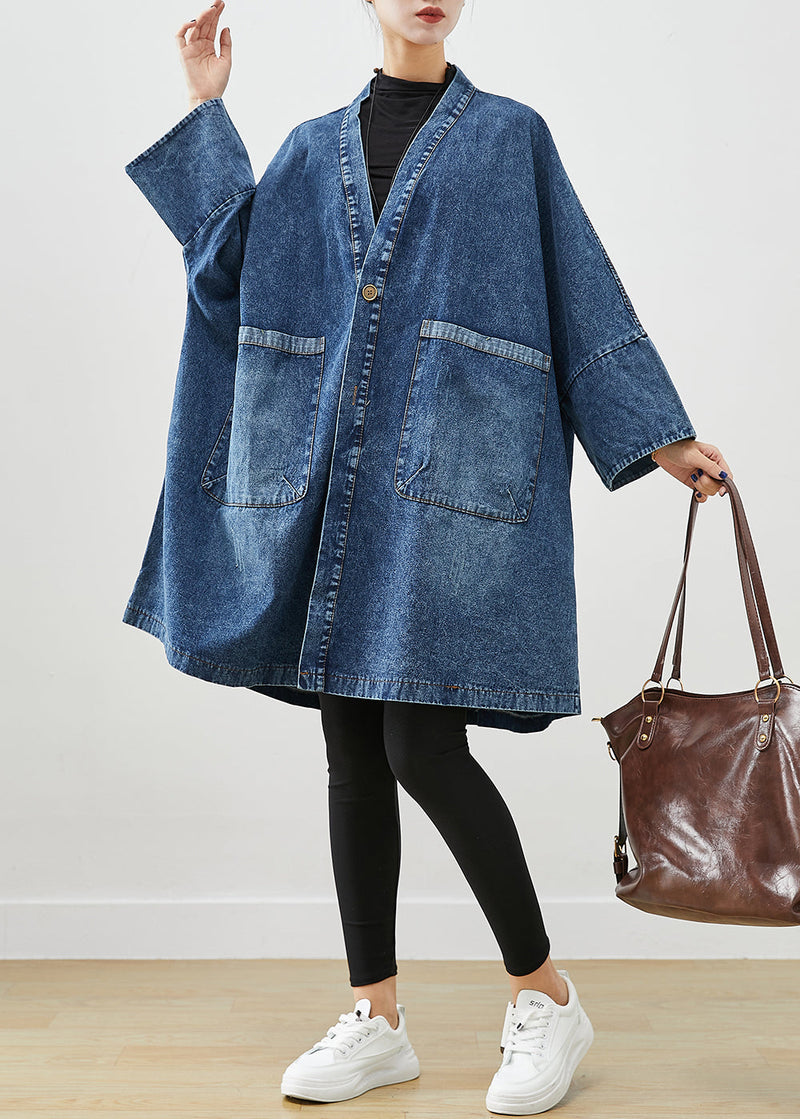 Blue Oversized Pockets Denim Trench Coats Batwing Sleeve