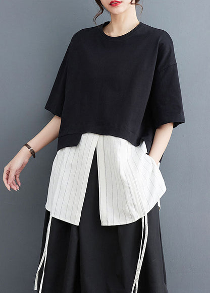 Black Striped Patchwork Fake Two Pieces Top Short Sleeve