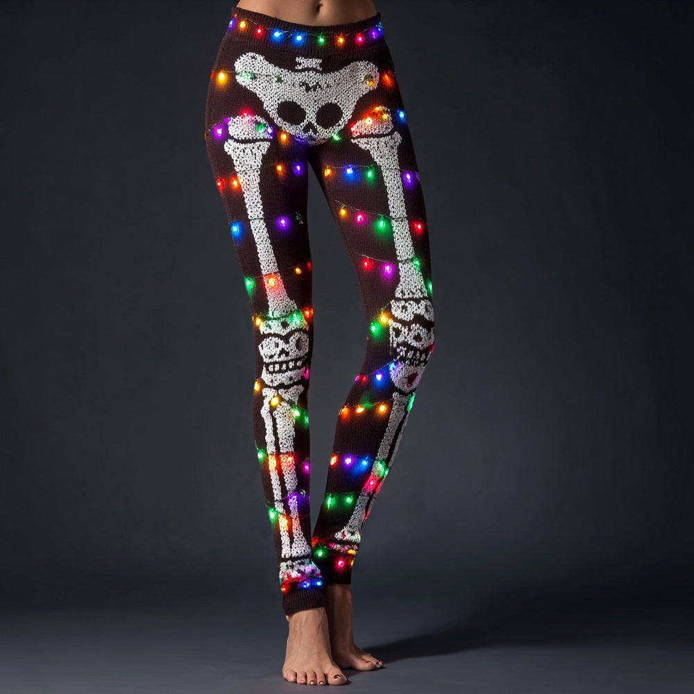 Comstylish Vintage Christmas Lights Tangled Skeleton Cozy Knit Leggings