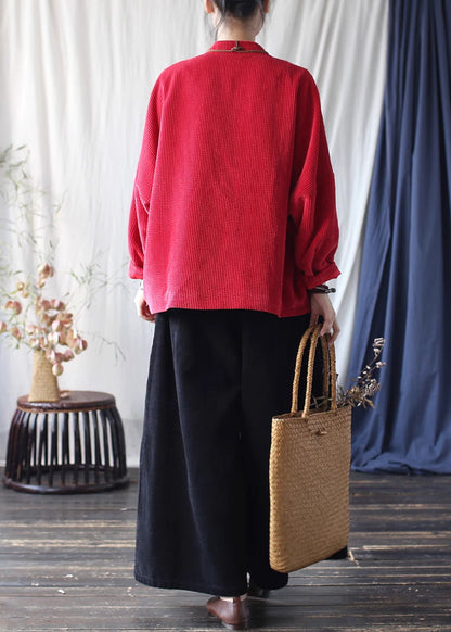 Red Chinese Button Pockets Corduroy Jackets Spring