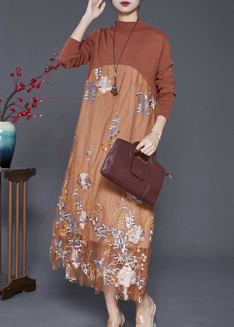 Fine Khaki Embroideried Patchwork Knit Dress Fall