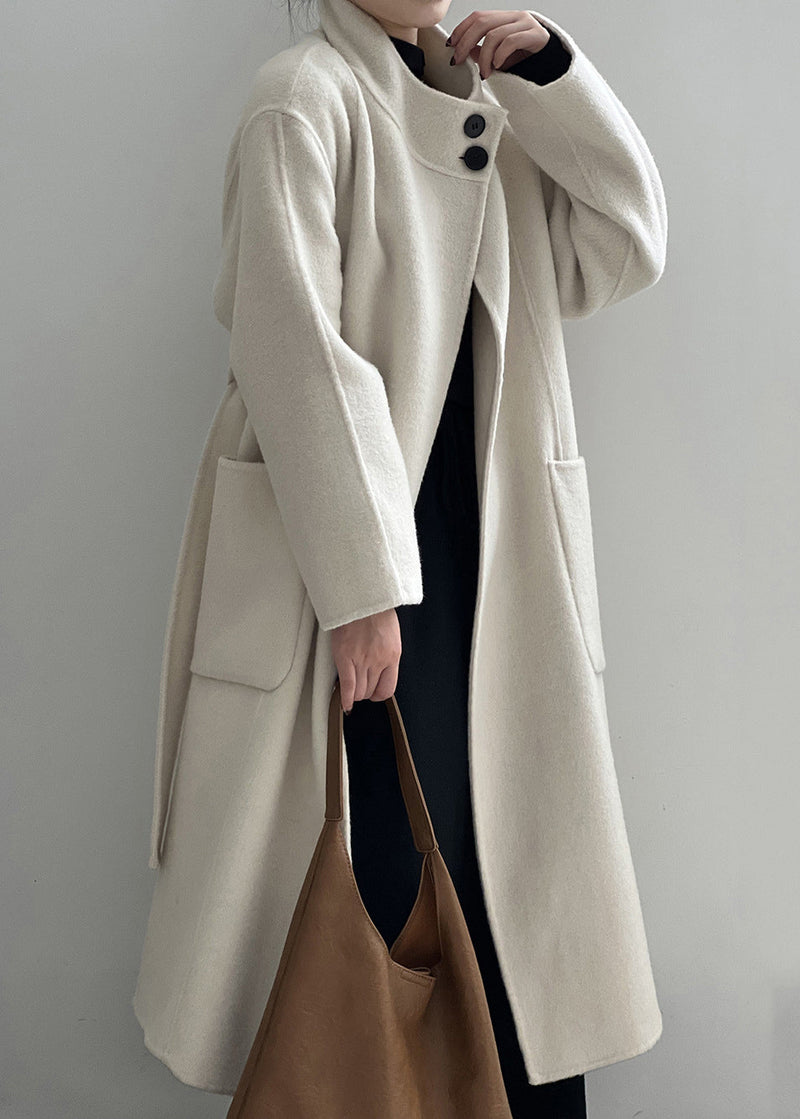 Italian Grey Stand Collar Pockets Tie Waist Woolen Coat Fall