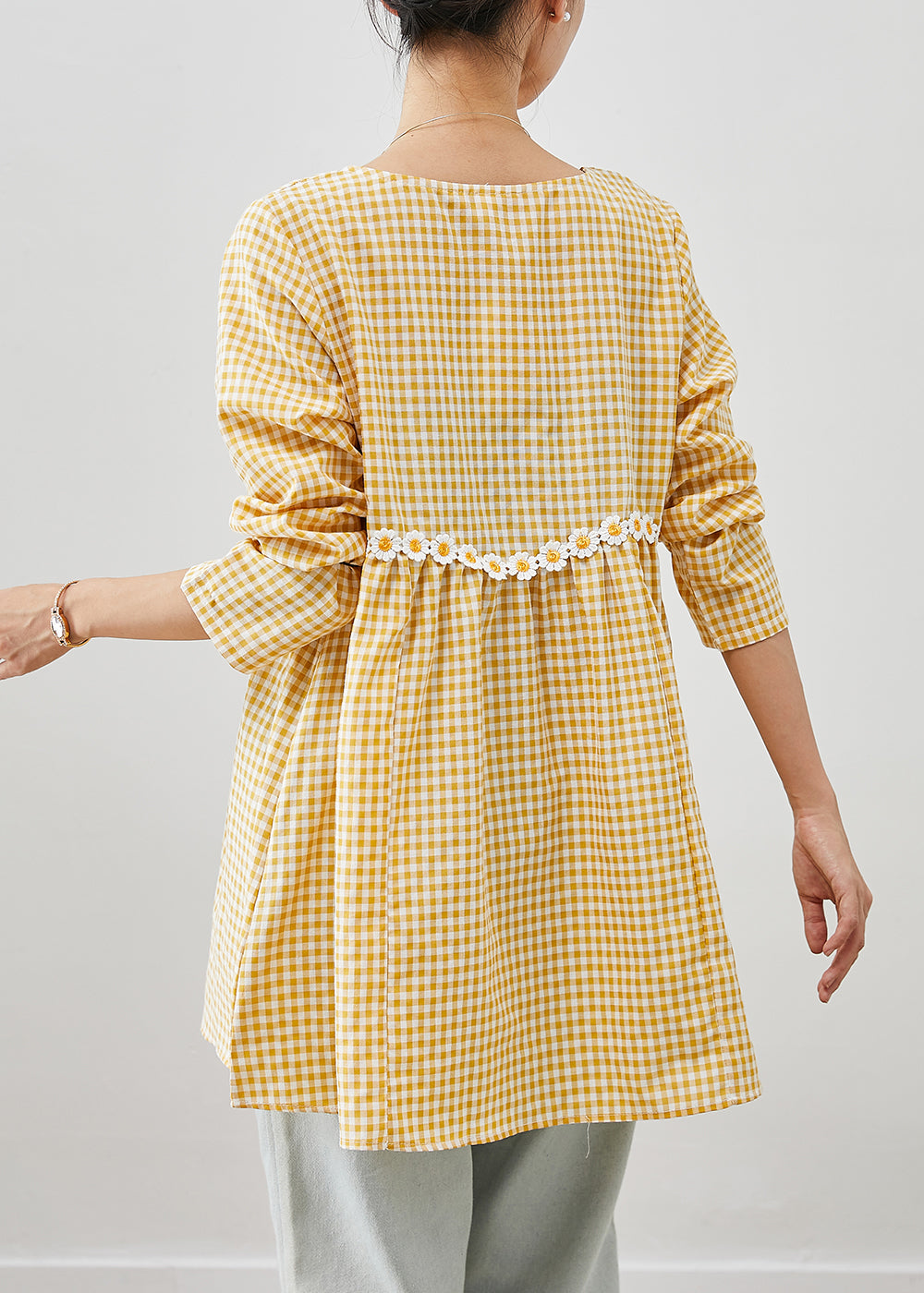 Yellow Plaid Patchwork Daisy Cotton Blouses Fall