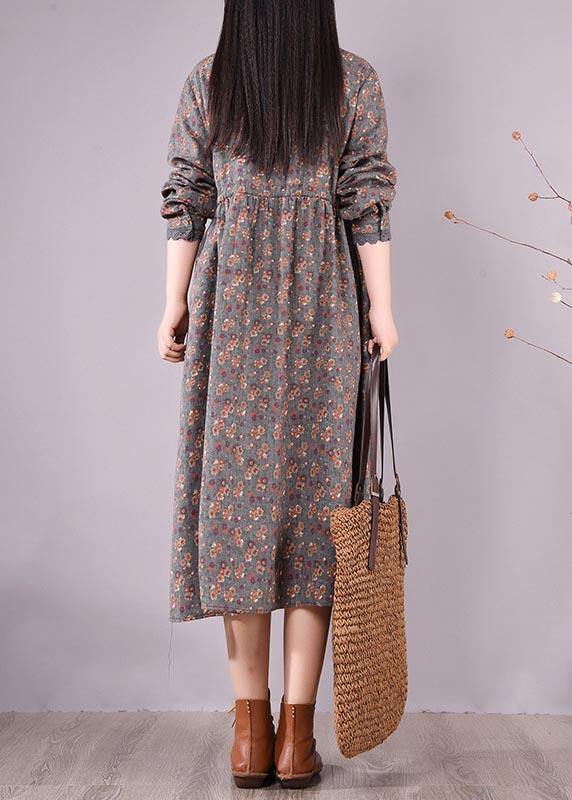 Organic O Neck Patchwork Spring Tunic Pattern Shirts Gray Print Maxi Dresses