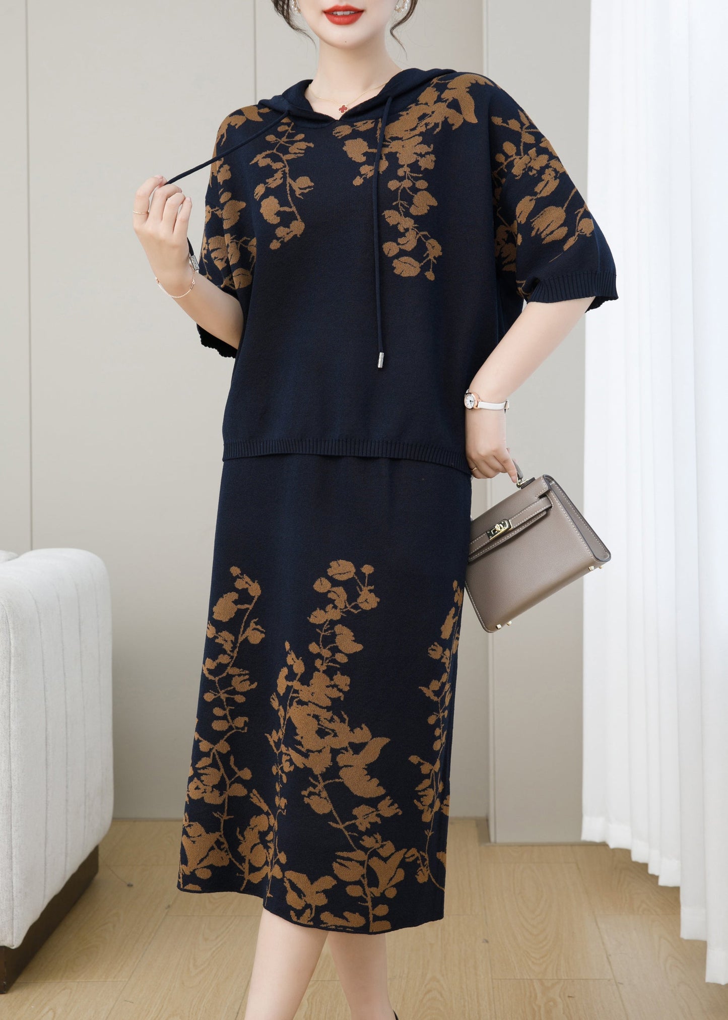 Navy Hooded Jacquard Patchwork Knit Two Piece Set Fall