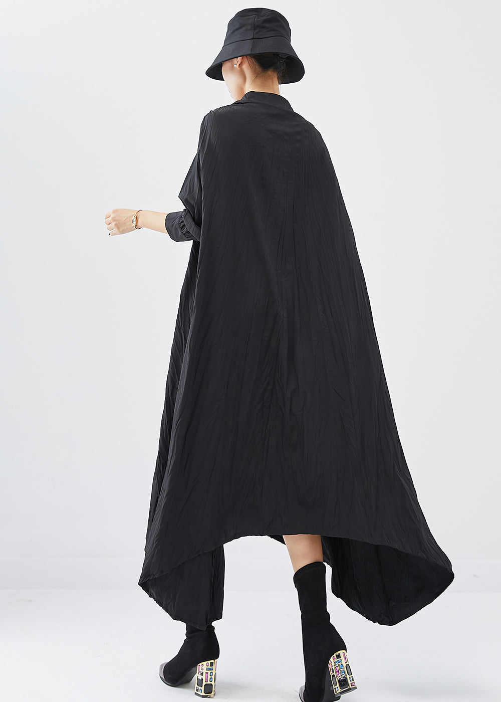 Black Oversized Asymmetrical Design Cotton Shirt Dress Fall