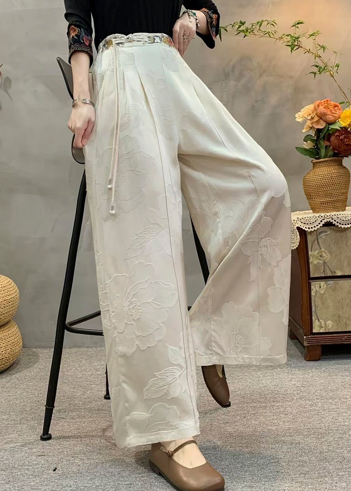 Yellow Tassel Embroidered Pockets Silk Pants Fall