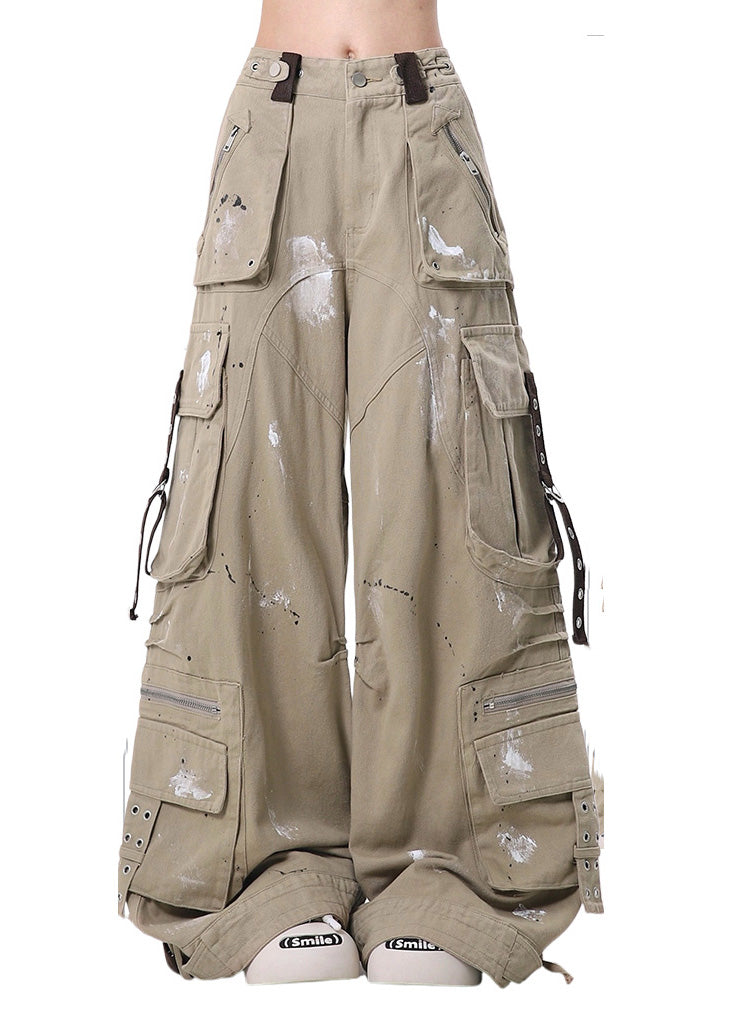Italian Khaki Oversized Pockets Cotton Wide Leg Pants Fall