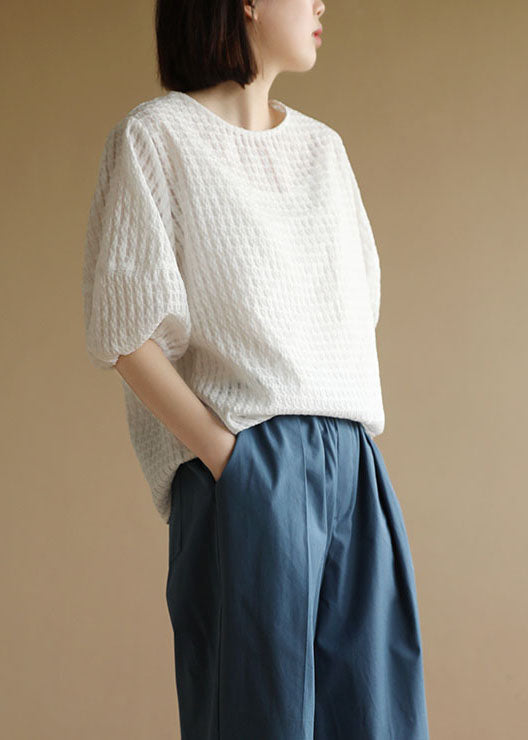 White O-neck Plaid Cotton Blouse Top Half Sleeve