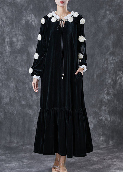 Modern Black Lace Up Silk Velour Maxi Dress Spring