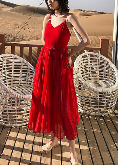 Red Wrinkled Chiffon Spaghetti Strap Dress V Neck Summer