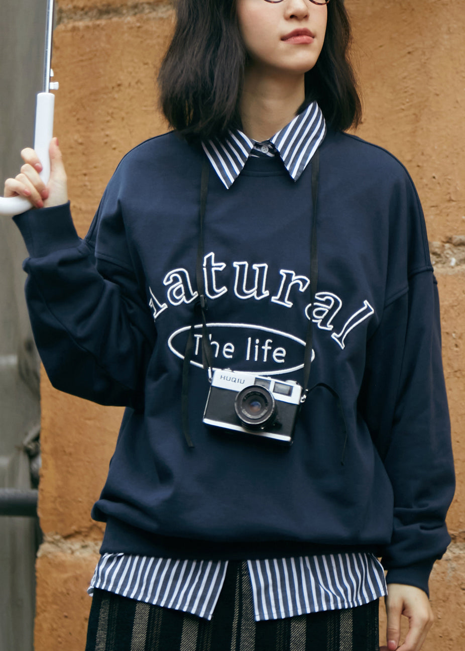 Navy Peter Pan Collar Graphic Embroideried Striped Patchwork Sweatshirts Fall