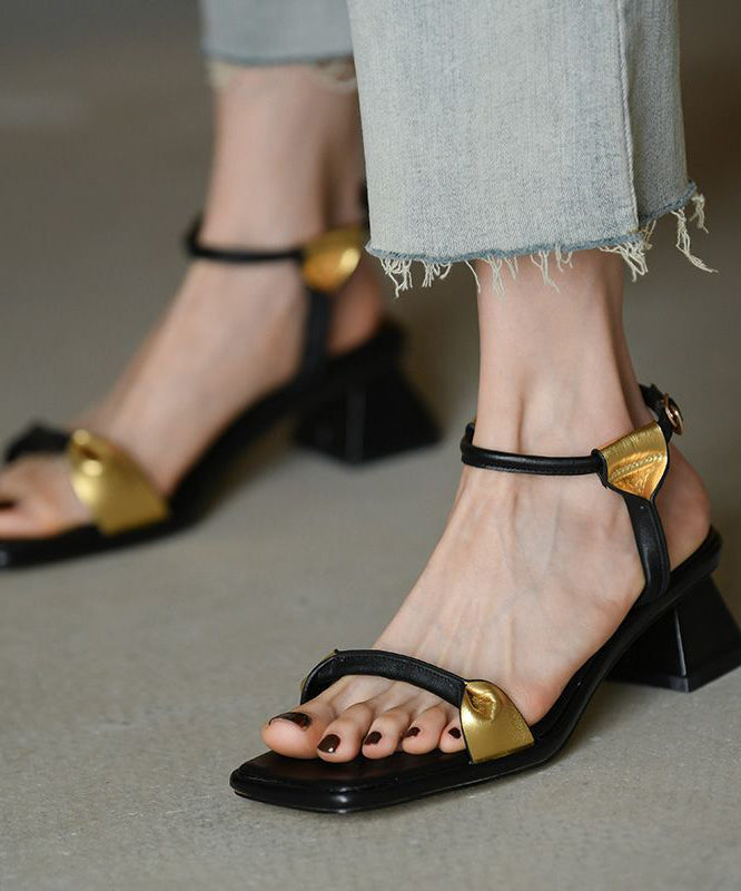 Splicing Chunky Sandals Black Cowhide Leather