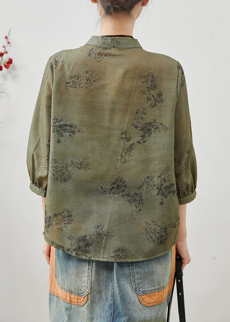 Art Tea Green Print Cotton Oriental Blouses Bracelet Sleeve