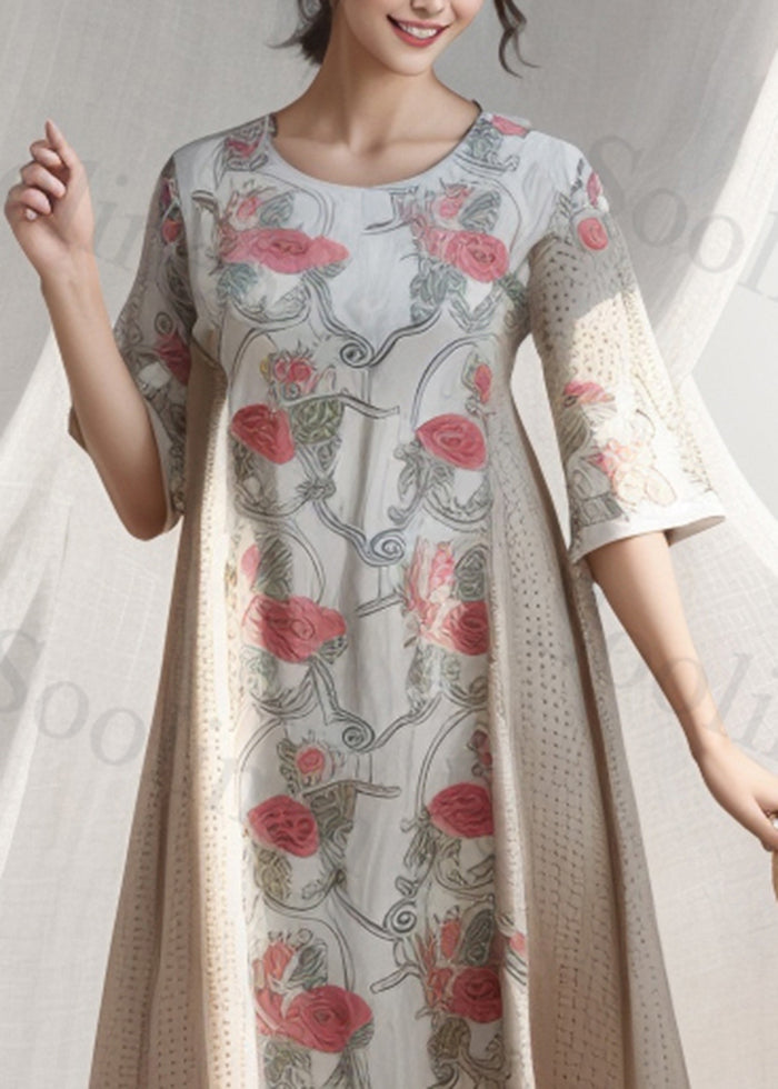 White Print Patchwork Cotton a Line Dress Summer
