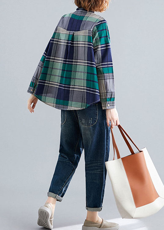 Art Green Pockets Button Patchwork Fall Plaid Long Sleeve Top